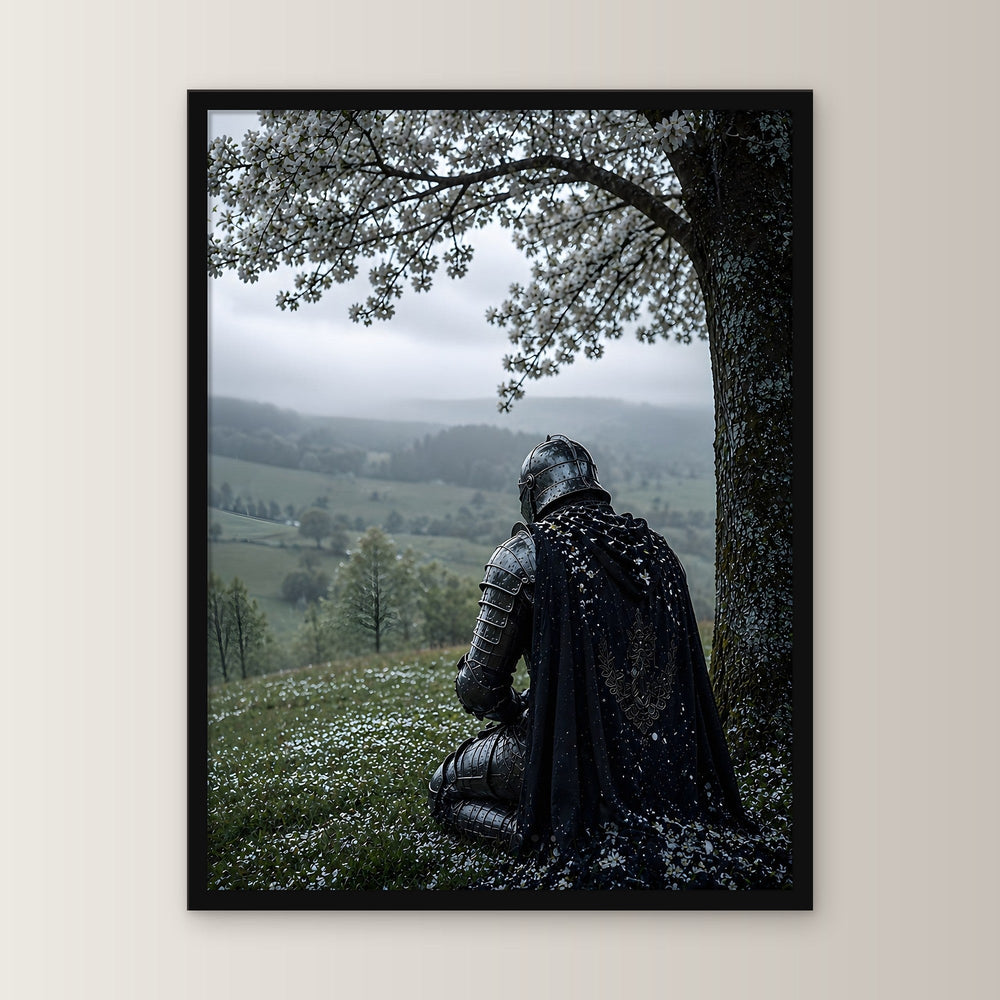 Dark-Fantasy Poster gerahmt im schwarzen Holzrahmen, gerade von vorn an heller Wand