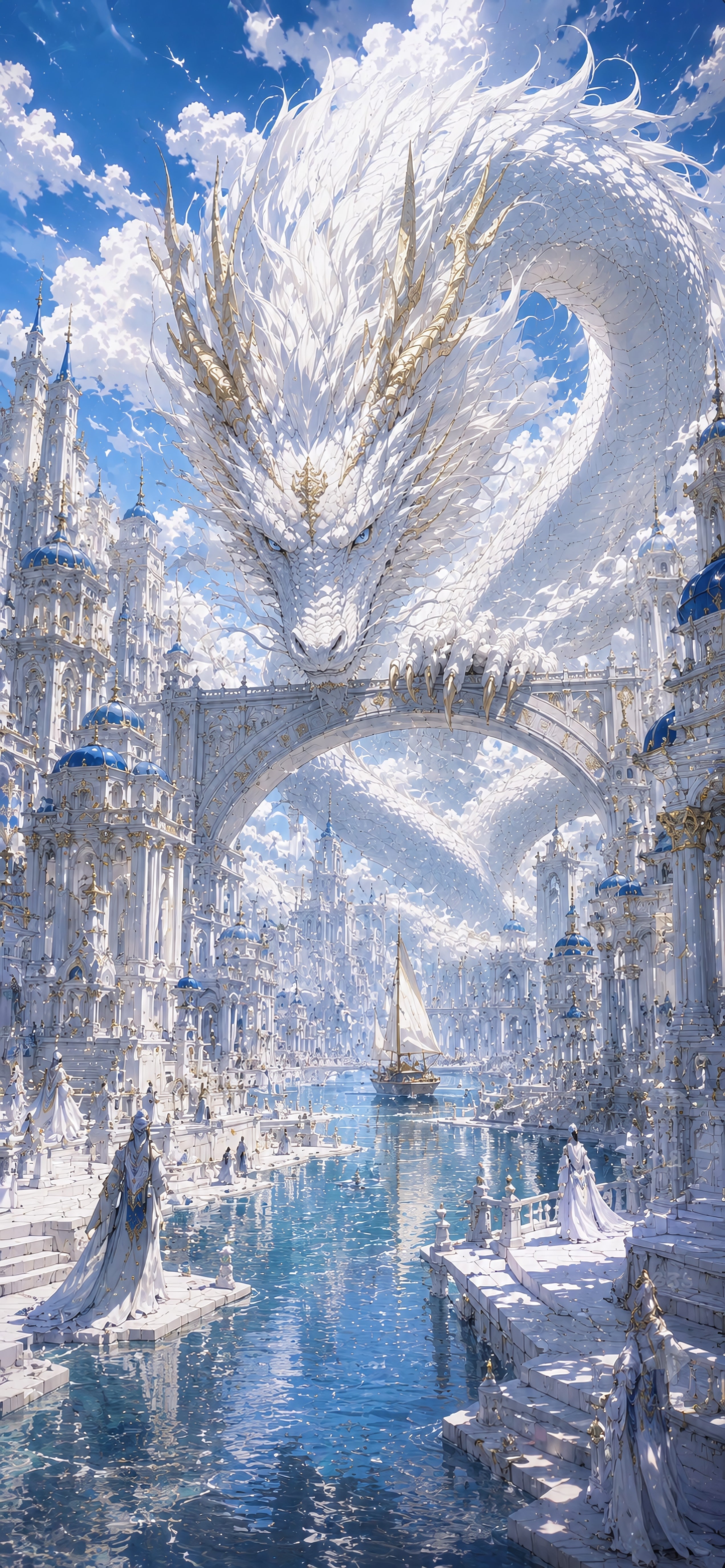 Weiße Drachenstadt – dunkles Fantasy-Wandbild