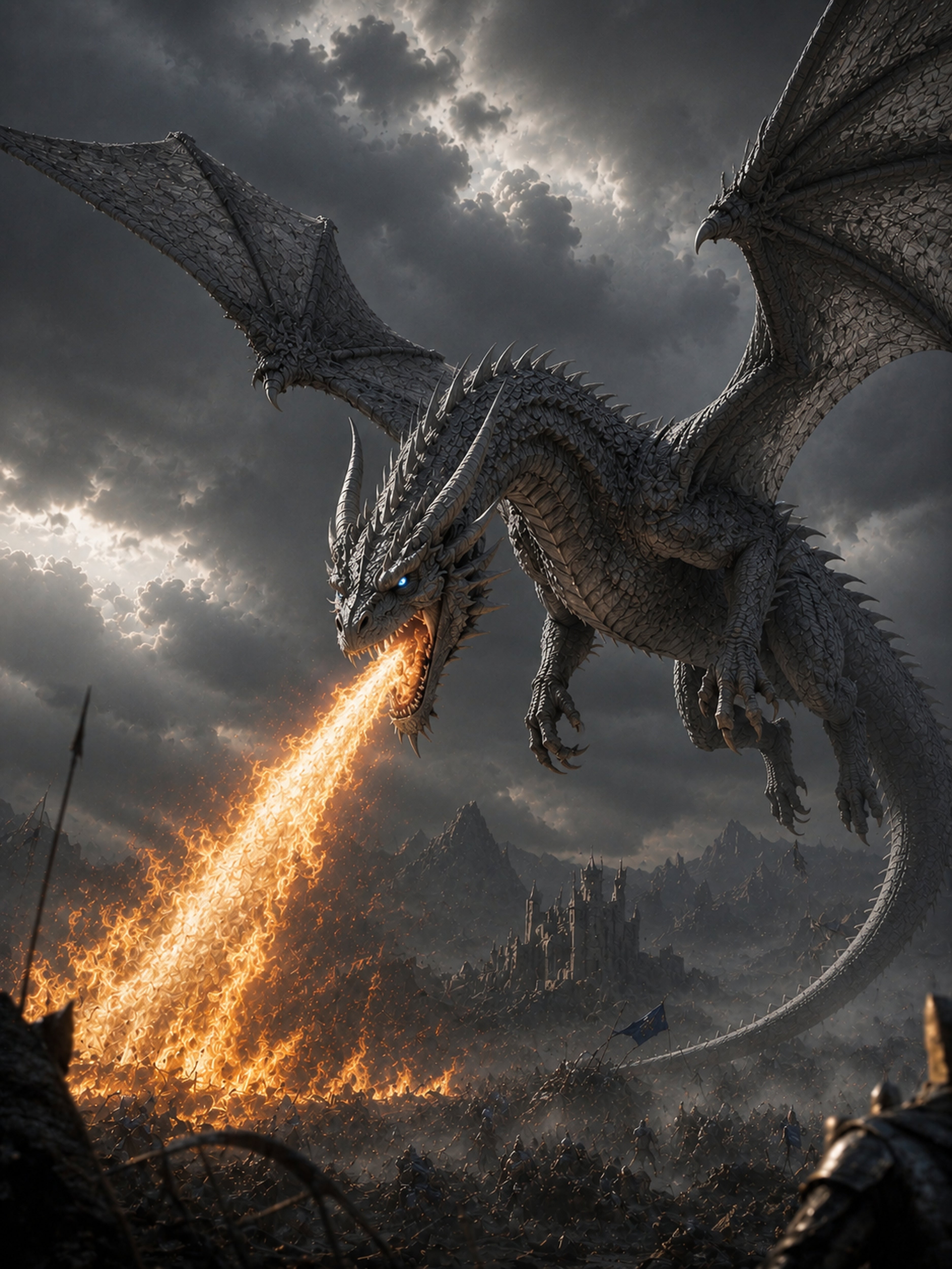Der Aschesturm — grauer Drache mit Feueratem über brennendem Tal
