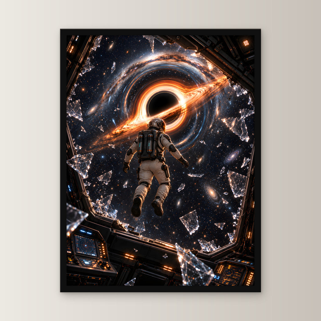 Der Austritt – Astronaut zwischen Glasscherben vor einem schwarzen Loch, im schwarzen Holzrahmen, gerade von vorn an heller Wand