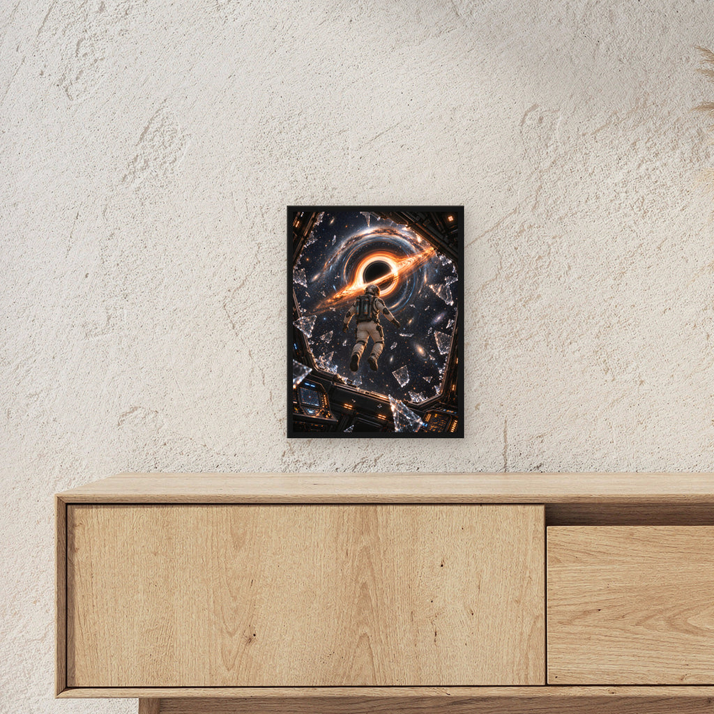 Der Austritt – Astronaut zwischen Glasscherben vor einem schwarzen Loch, im schwarzen Holzrahmen, über einem Sideboard, Größenansicht im Raum