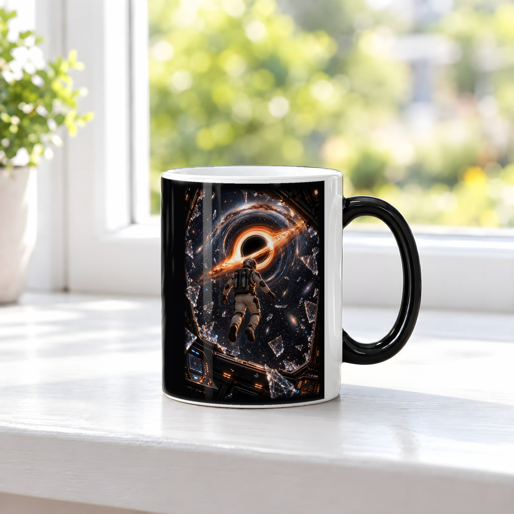 Der Austritt – Astronaut zwischen Glasscherben vor einem schwarzen Loch, Black Edition (Zaubertasse), auf einer Fensterbank