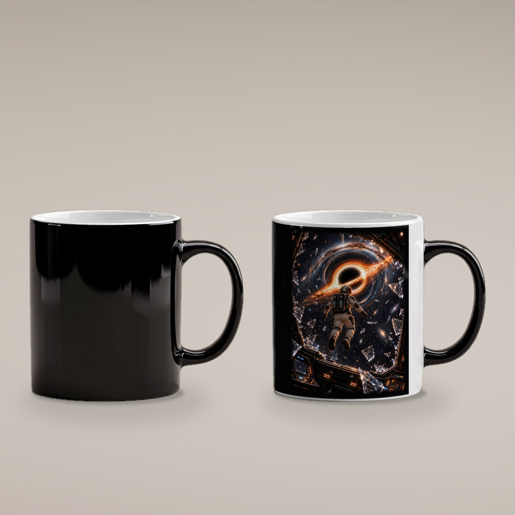 Der Austritt – Astronaut zwischen Glasscherben vor einem schwarzen Loch, Black Edition (Zaubertasse), kalt schwarz und heiß mit Motiv