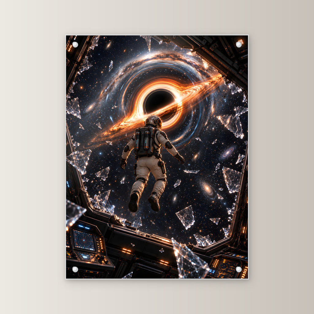 Der Austritt – Astronaut zwischen Glasscherben vor einem schwarzen Loch, auf Acrylglas mit vier Abstandshaltern, gerade von vorn an heller Wand