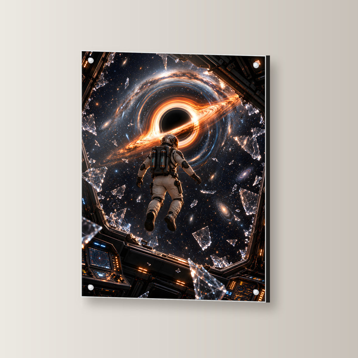 Der Austritt – Astronaut zwischen Glasscherben vor einem schwarzen Loch, auf Acrylglas mit vier Abstandshaltern, leicht gedreht an der Wand
