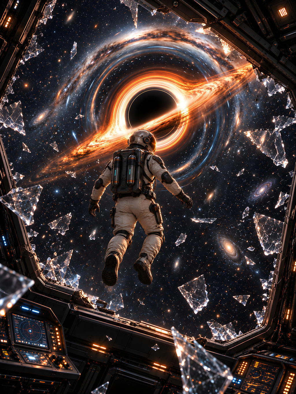 Der Austritt – Astronaut zwischen Glasscherben vor einem schwarzen Loch, vollständiges Motiv