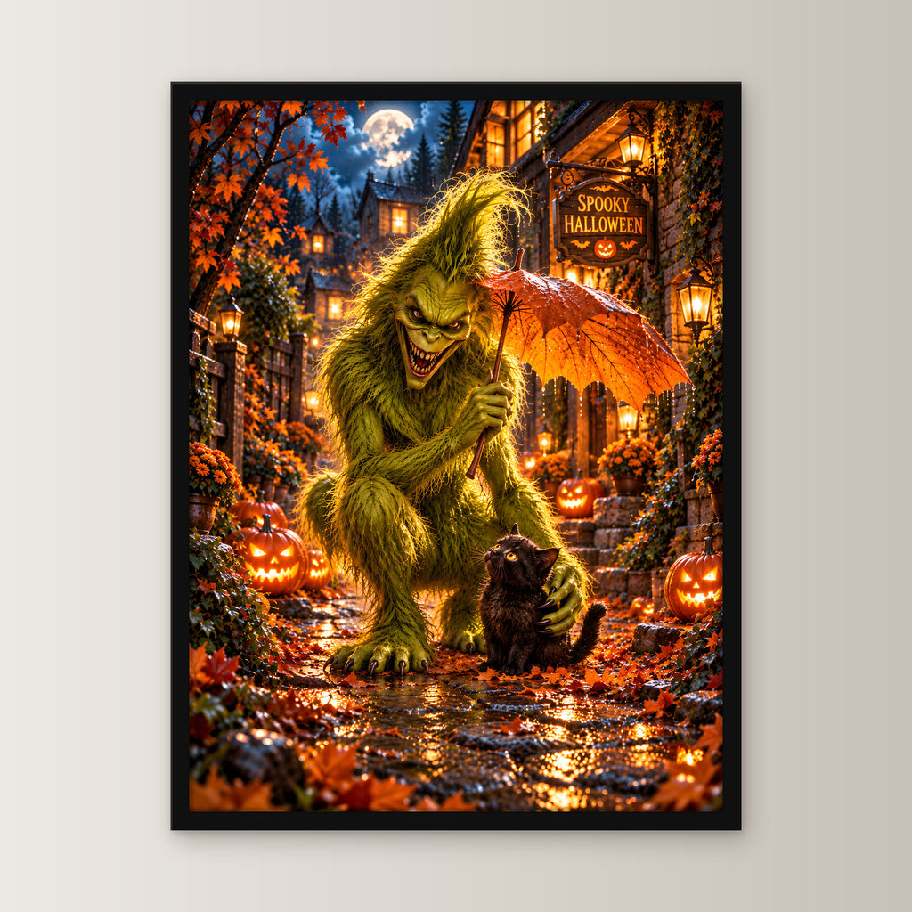 Das Blätterdach – Halloween-Monster und Katze unter einem Blattschirm, im schwarzen Holzrahmen, gerade von vorn an heller Wand