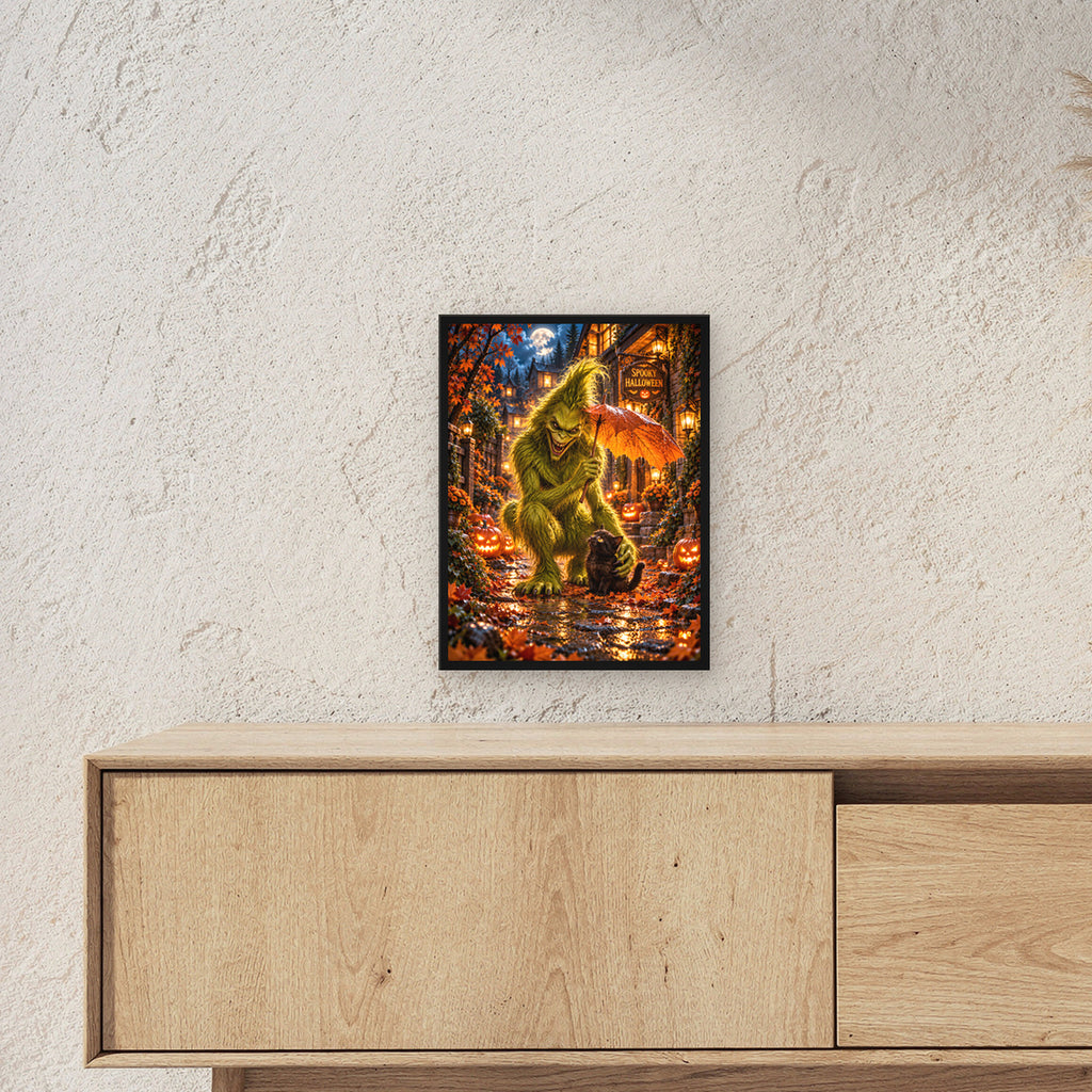 Das Blätterdach – Halloween-Monster und Katze unter einem Blattschirm, im schwarzen Holzrahmen, über einem Sideboard, zeigt die Größe im Raum