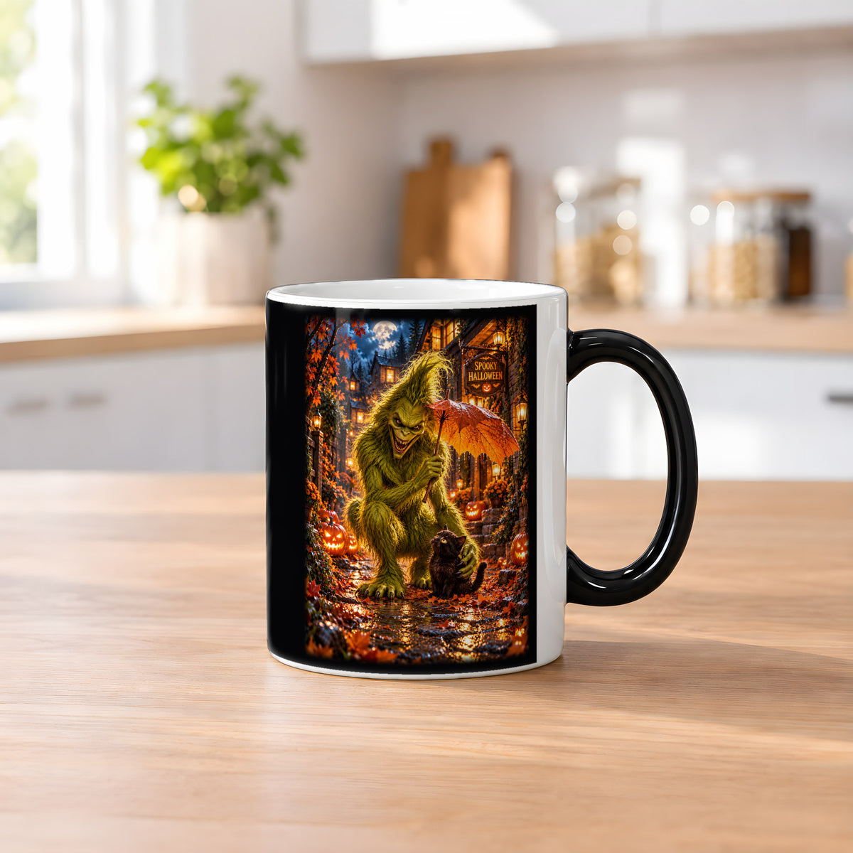 Das Blätterdach – Halloween-Monster und Katze unter einem Blattschirm, Black Edition (Zaubertasse), auf einem Küchentresen