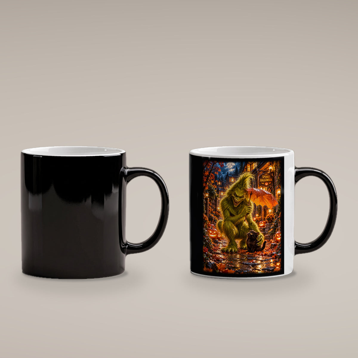 Das Blätterdach – Halloween-Monster und Katze unter einem Blattschirm, Black Edition (Zaubertasse), kalt schwarz und heiß mit sichtbarem Motiv
