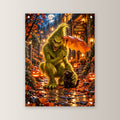 Das Blätterdach – Halloween-Monster und Katze unter einem Blattschirm, auf Acrylglas mit vier Abstandshaltern, gerade von vorn an heller Wand