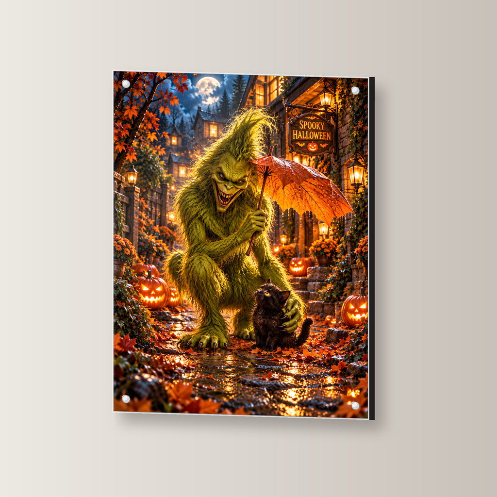 Das Blätterdach – Halloween-Monster und Katze unter einem Blattschirm, auf Acrylglas mit vier Abstandshaltern, leicht gedreht an der Wand