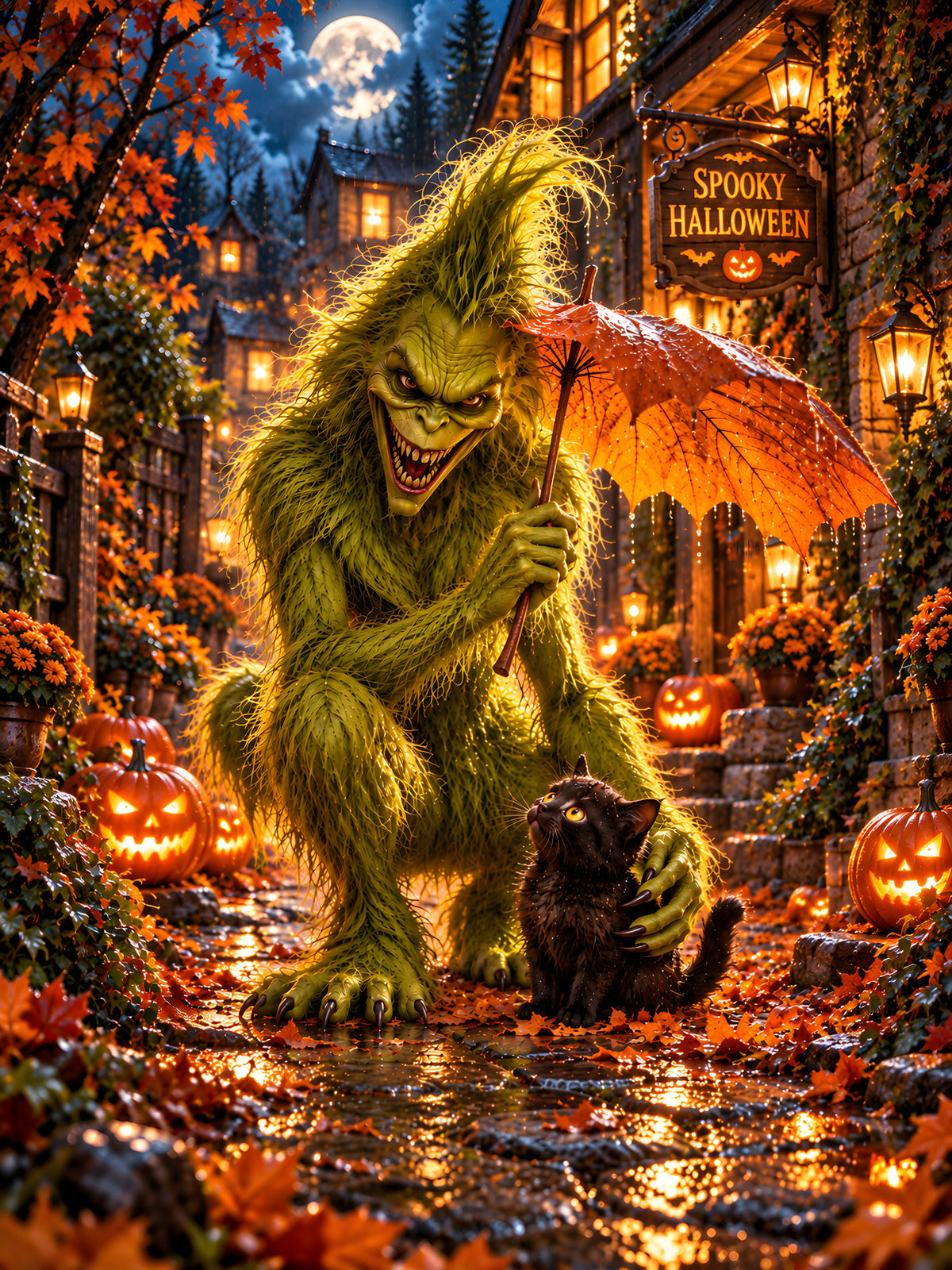 Das Blätterdach – Halloween-Monster und Katze unter einem Blattschirm, vollständiges Motiv
