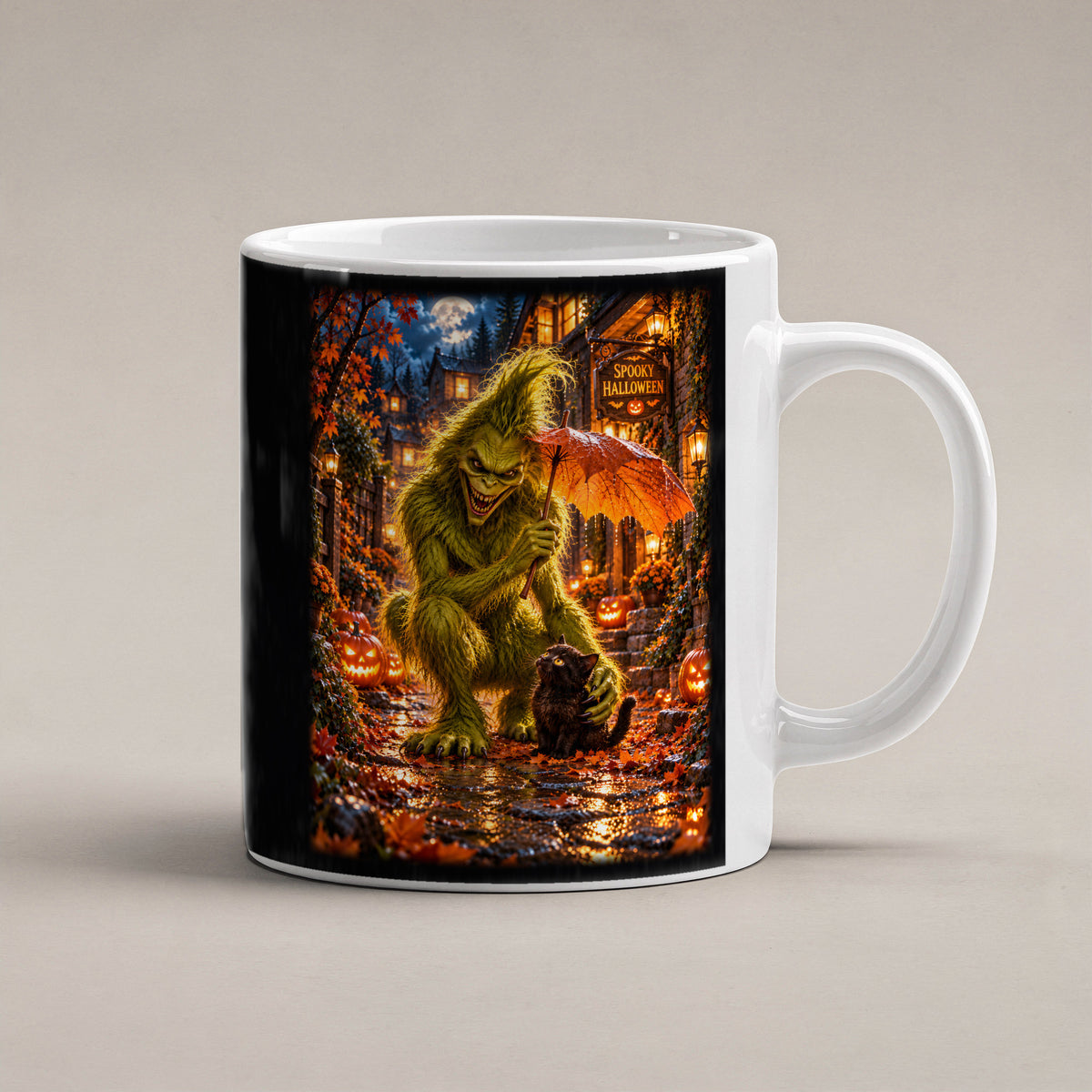 Das Blätterdach – Halloween-Monster und Katze unter einem Blattschirm, Tasse Weiß, freigestellte Produktansicht