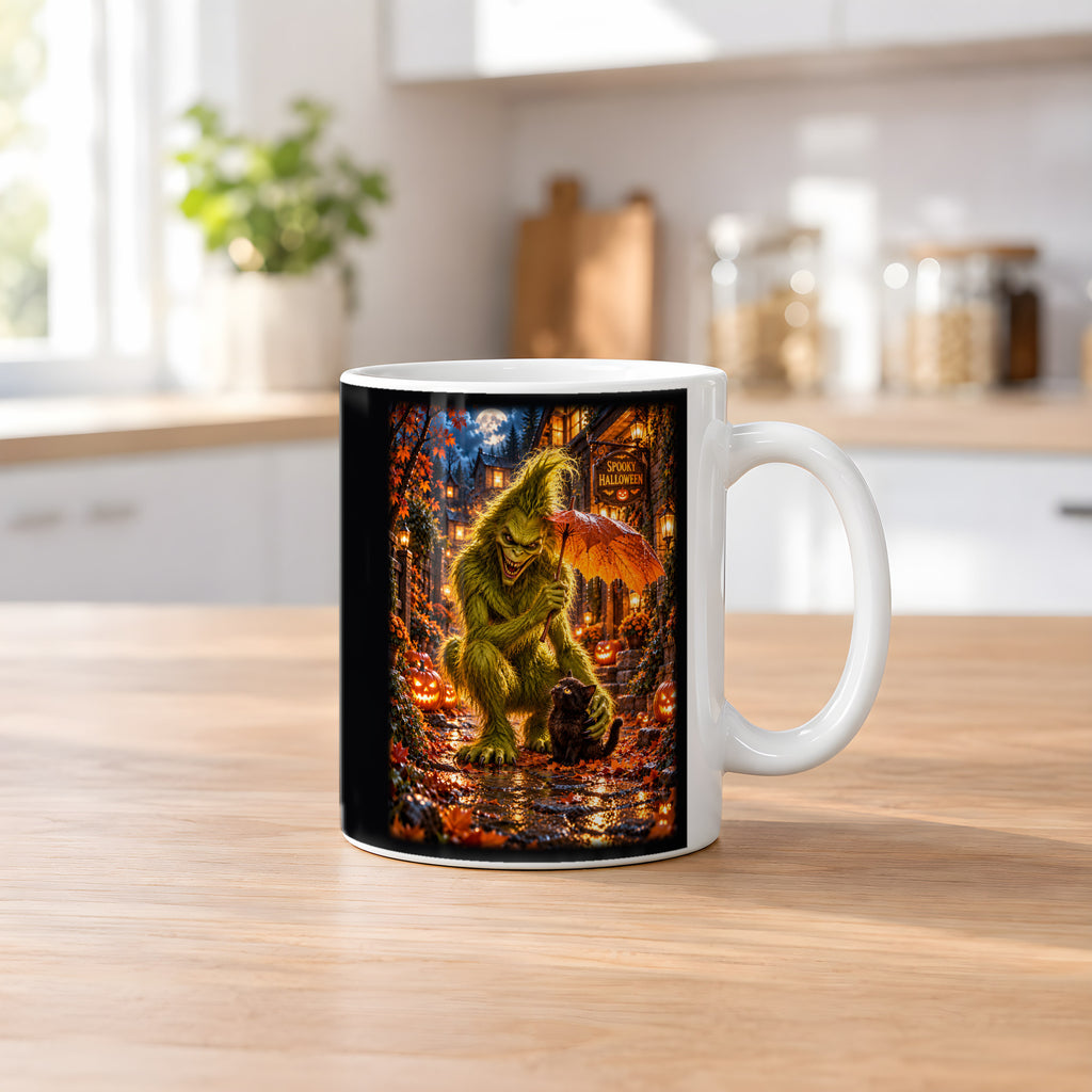 Das Blätterdach – Halloween-Monster und Katze unter einem Blattschirm, Tasse Weiß, auf einem Küchentresen