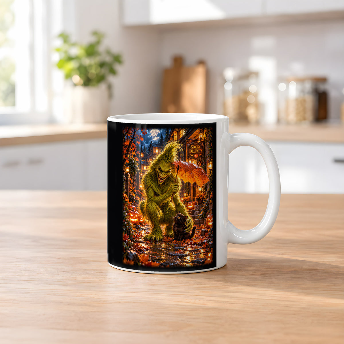 Das Blätterdach – Halloween-Monster und Katze unter einem Blattschirm, Tasse Weiß, auf einem Küchentresen