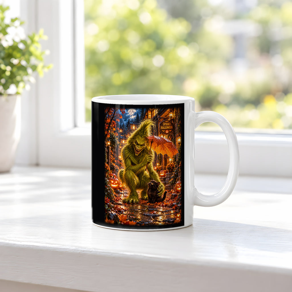 Das Blätterdach – Halloween-Monster und Katze unter einem Blattschirm, Tasse Weiß, auf einer Fensterbank