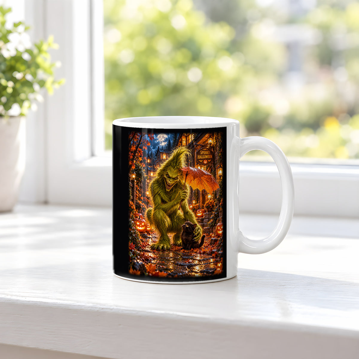 Das Blätterdach – Halloween-Monster und Katze unter einem Blattschirm, Tasse Weiß, auf einer Fensterbank