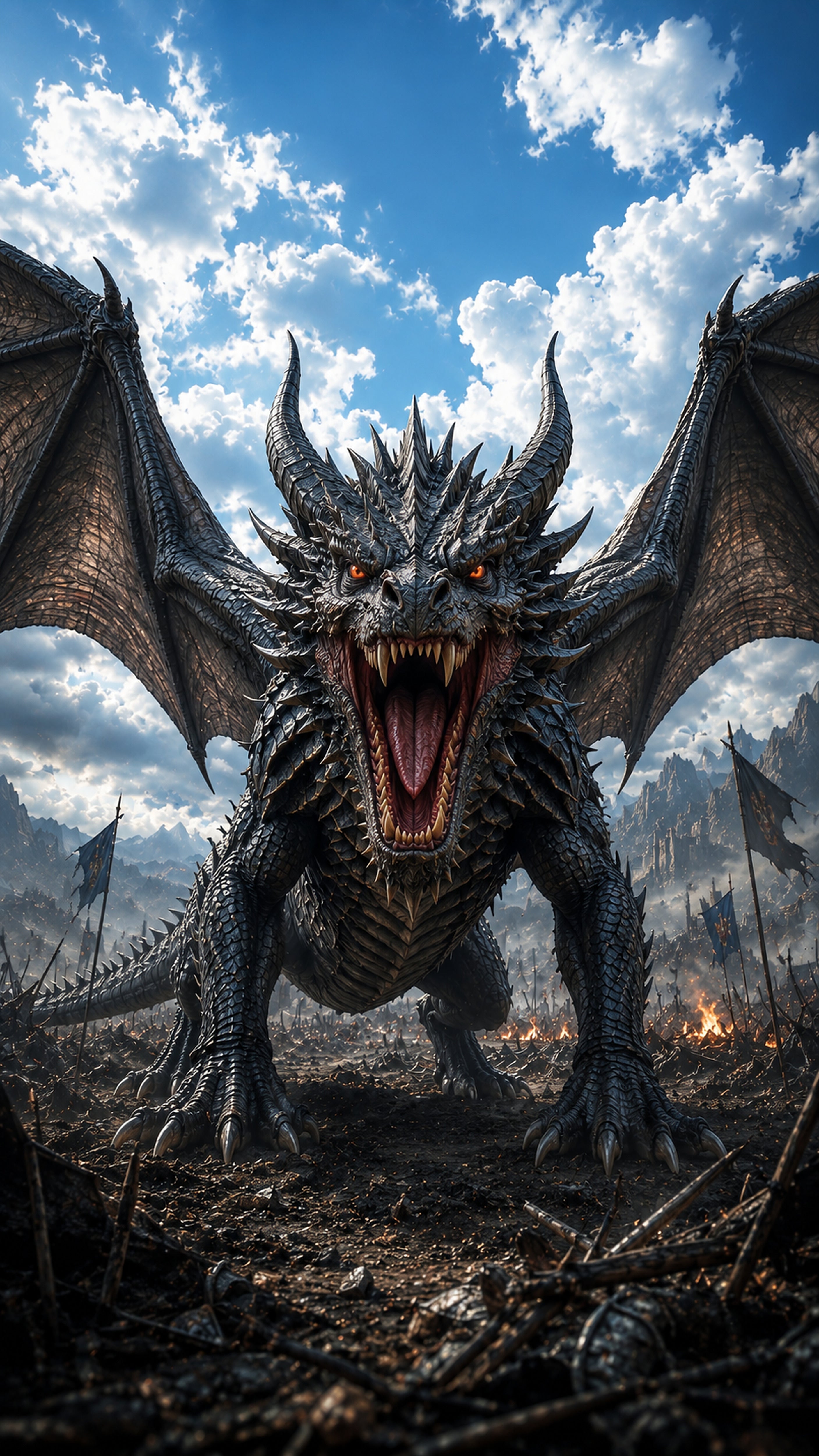 Der Blutzahn — Drache mit aufgerissenem Rachen über dem Schlachtfeld