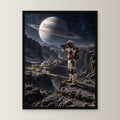 Die Canyonkolonie – Astronaut mit Fernglas über einer Canyonkolonie unter einem Ringplaneten, im schwarzen Holzrahmen, gerade von vorn an heller Wand
