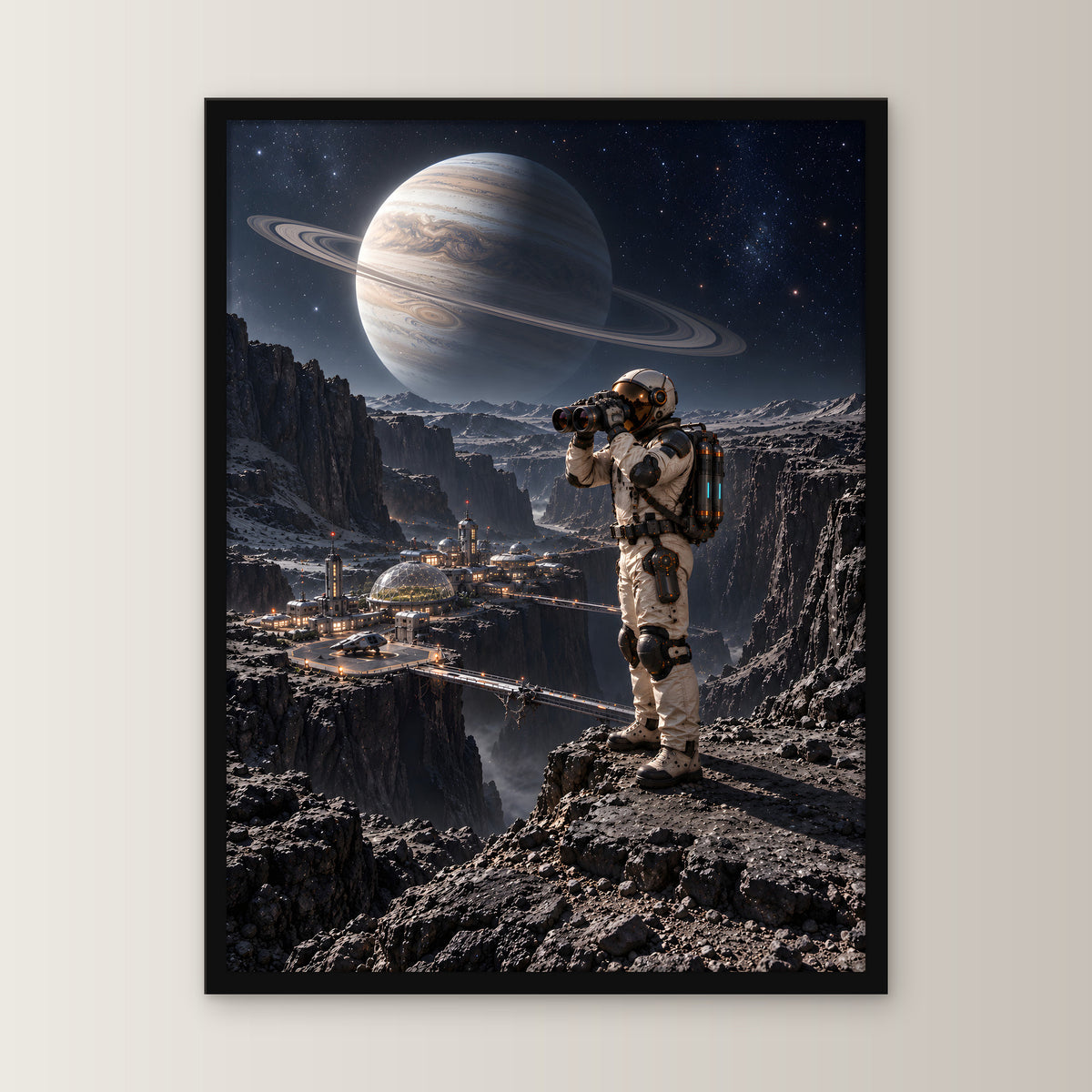 Die Canyonkolonie – Astronaut mit Fernglas über einer Canyonkolonie unter einem Ringplaneten, im schwarzen Holzrahmen, gerade von vorn an heller Wand