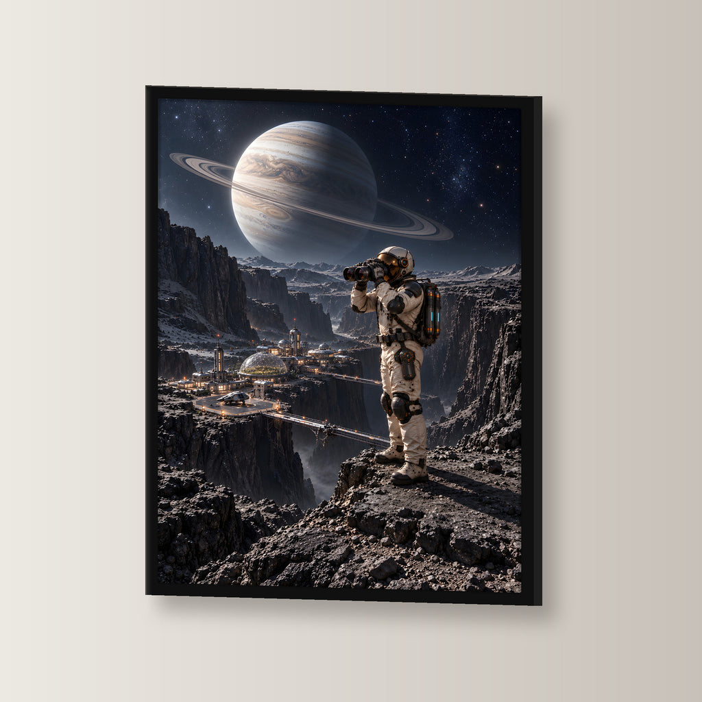 Die Canyonkolonie – Astronaut mit Fernglas über einer Canyonkolonie unter einem Ringplaneten, im schwarzen Holzrahmen, leicht gedreht an der Wand