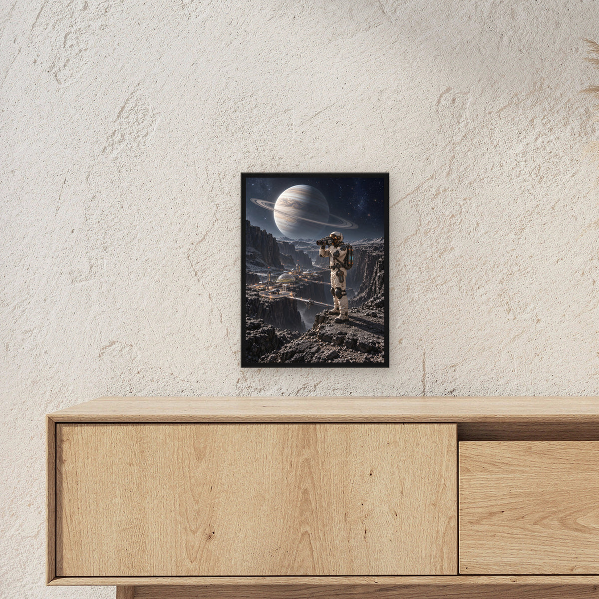 Die Canyonkolonie – Astronaut mit Fernglas über einer Canyonkolonie unter einem Ringplaneten, im schwarzen Holzrahmen, über einem Sideboard, Größenansicht im Raum
