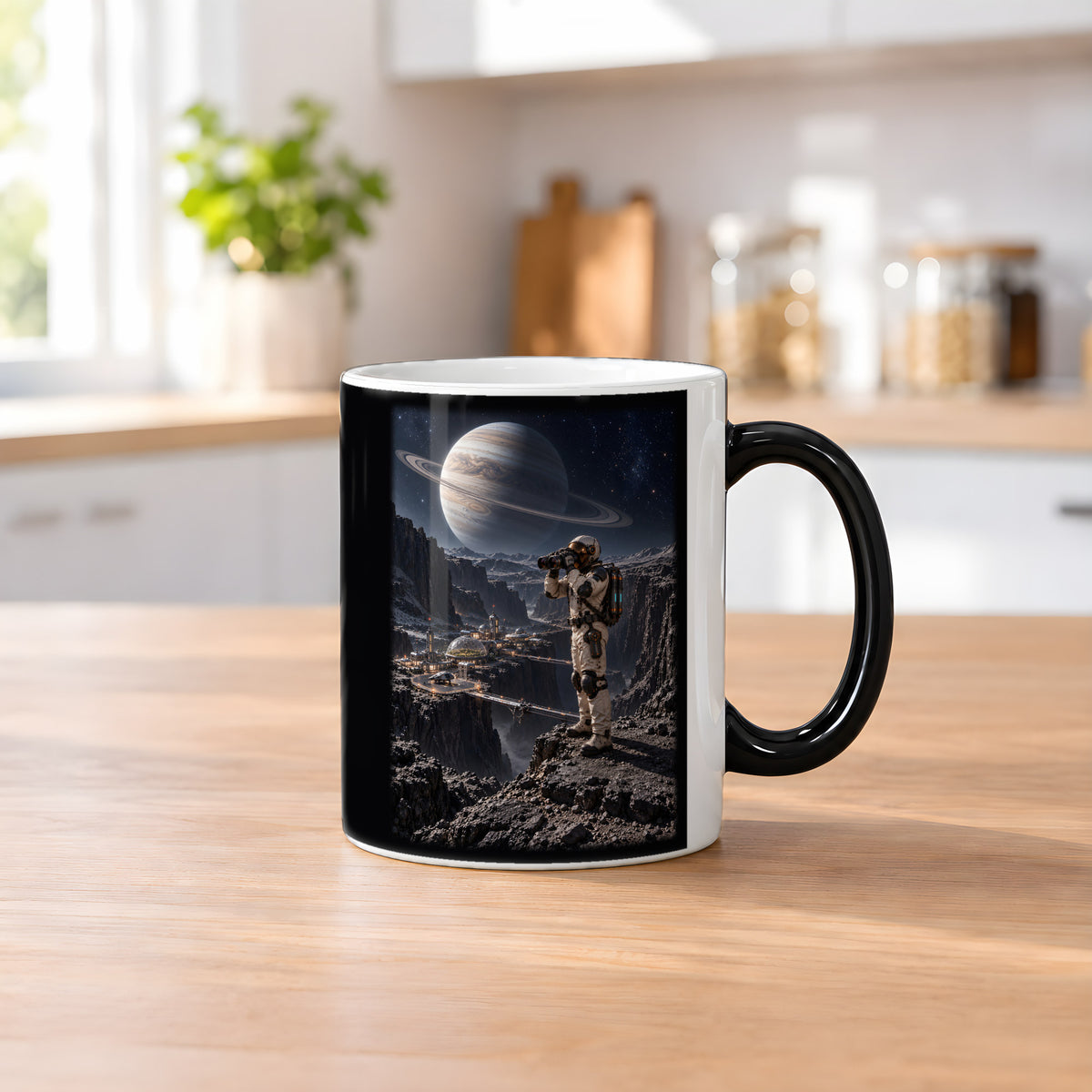 Die Canyonkolonie – Astronaut mit Fernglas über einer Canyonkolonie unter einem Ringplaneten, Black Edition (Zaubertasse), auf einem Küchentresen