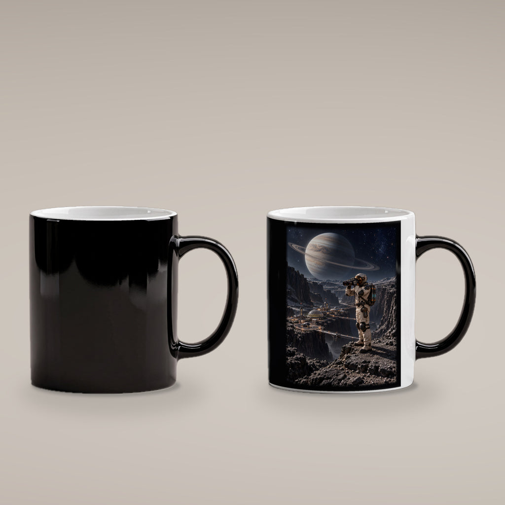Die Canyonkolonie – Astronaut mit Fernglas über einer Canyonkolonie unter einem Ringplaneten, Black Edition (Zaubertasse), kalt schwarz und heiß mit Motiv