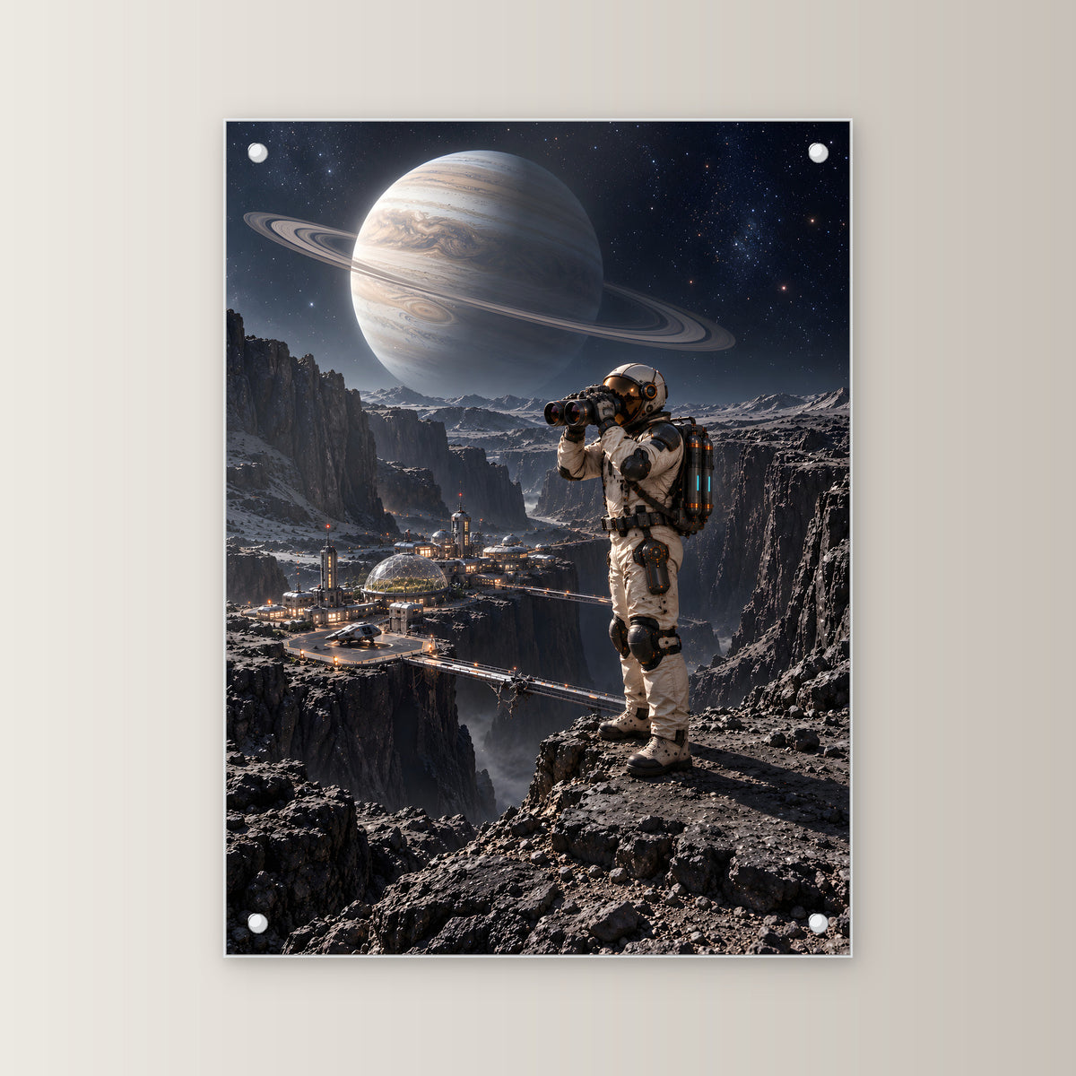 Die Canyonkolonie – Astronaut mit Fernglas über einer Canyonkolonie unter einem Ringplaneten, auf Acrylglas mit vier Abstandshaltern, gerade von vorn an heller Wand