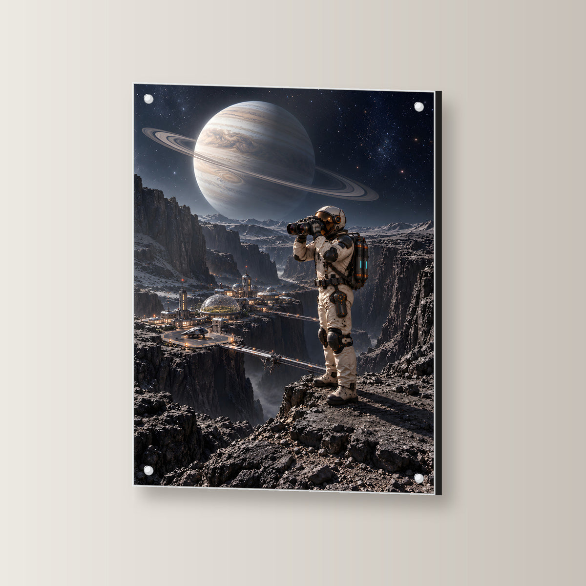Die Canyonkolonie – Astronaut mit Fernglas über einer Canyonkolonie unter einem Ringplaneten, auf Acrylglas mit vier Abstandshaltern, leicht gedreht an der Wand