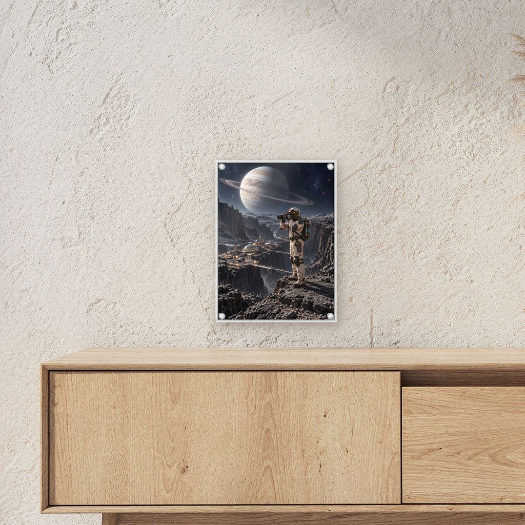 Die Canyonkolonie – Astronaut mit Fernglas über einer Canyonkolonie unter einem Ringplaneten, auf Acrylglas mit vier Abstandshaltern, über einem Sideboard, Größenansicht im Raum