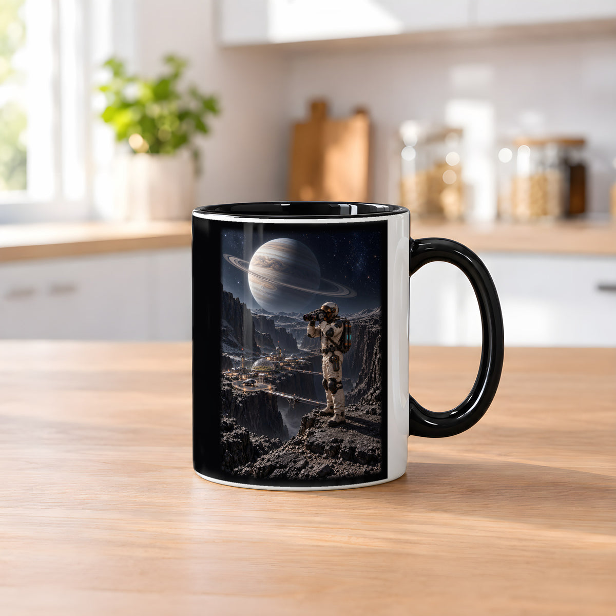 Die Canyonkolonie – Astronaut mit Fernglas über einer Canyonkolonie unter einem Ringplaneten, Tasse Innen schwarz, auf einem Küchentresen