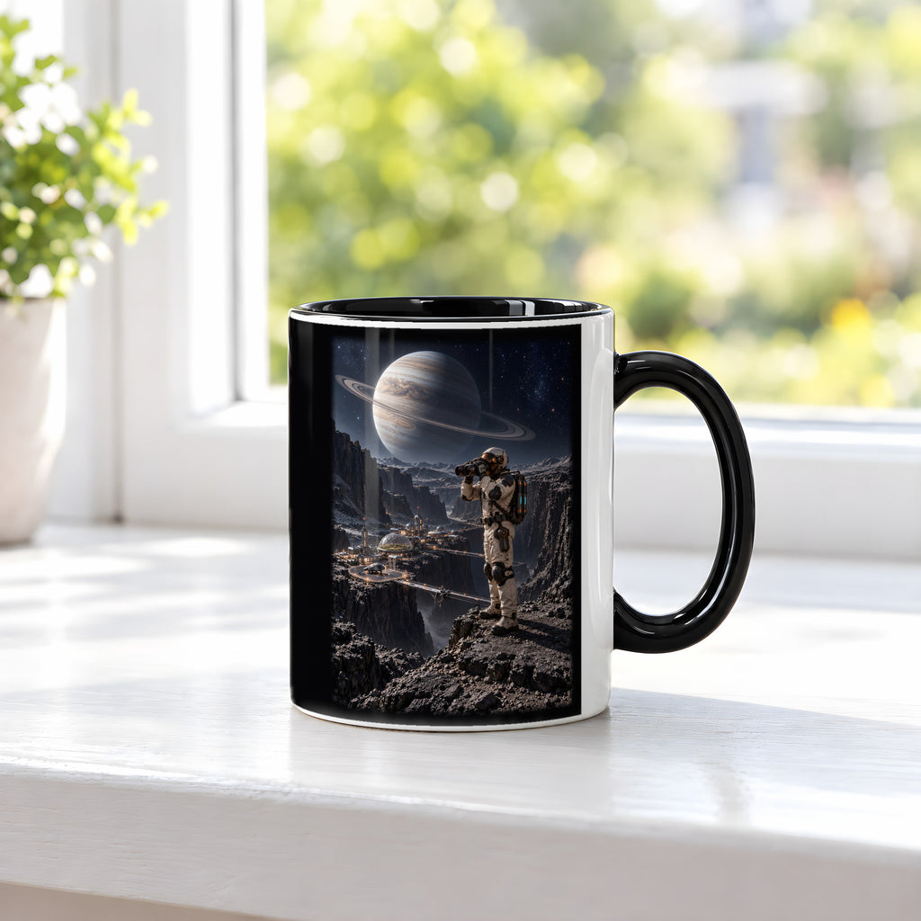 Die Canyonkolonie – Astronaut mit Fernglas über einer Canyonkolonie unter einem Ringplaneten, Tasse Innen schwarz, auf einer Fensterbank