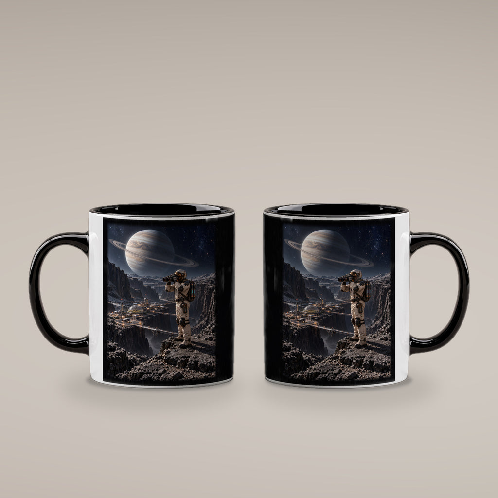 Die Canyonkolonie – Astronaut mit Fernglas über einer Canyonkolonie unter einem Ringplaneten, Tasse Innen schwarz, beide bedruckten Seiten