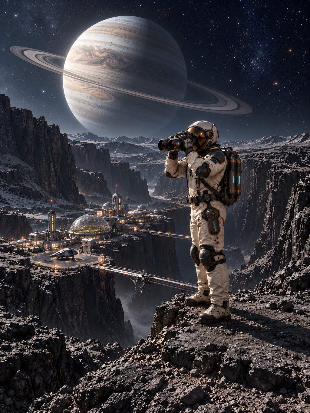Die Canyonkolonie – Astronaut mit Fernglas über einer Canyonkolonie unter einem Ringplaneten, vollständiges Motiv