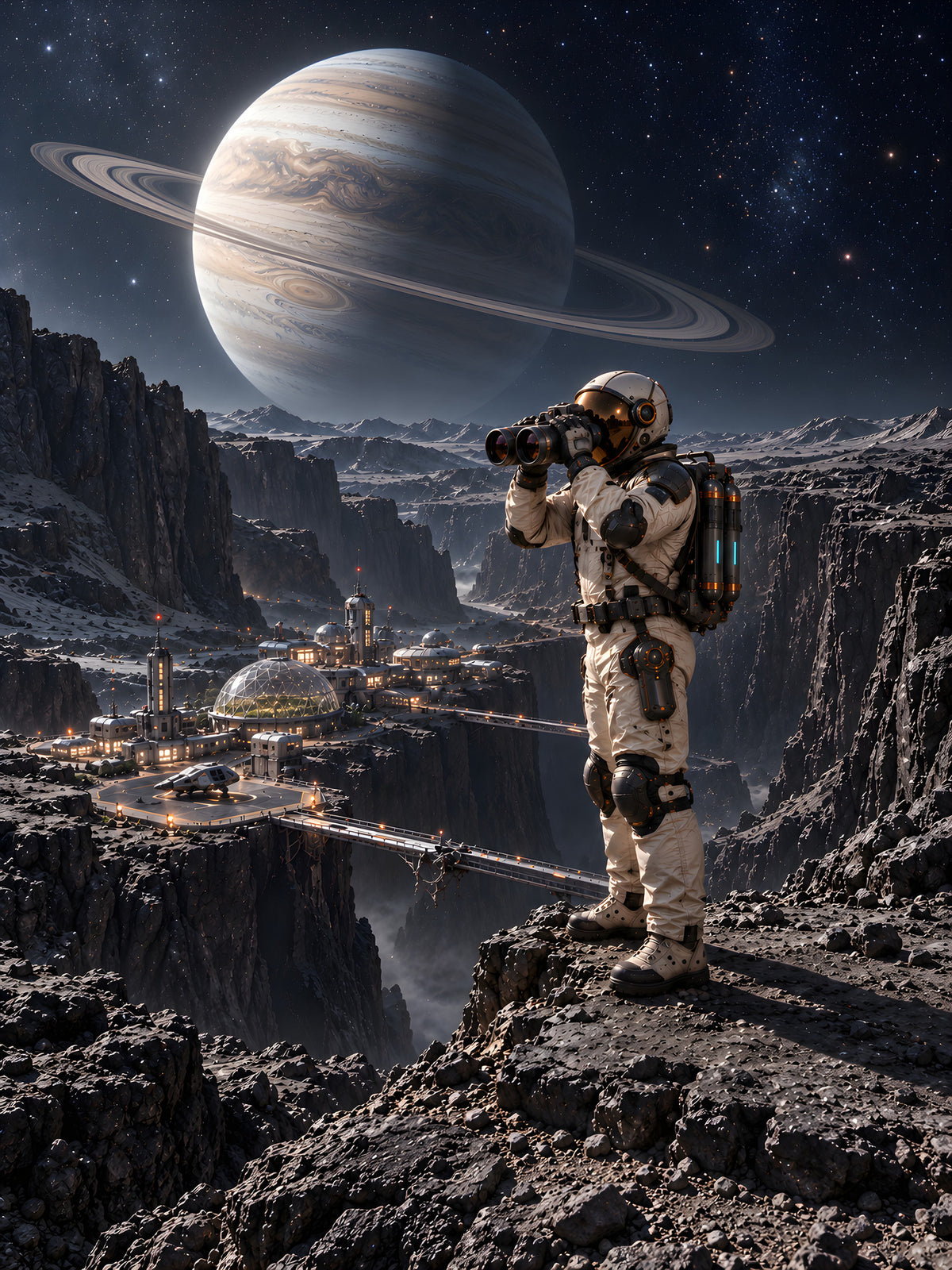 Die Canyonkolonie – Astronaut mit Fernglas über einer Canyonkolonie unter einem Ringplaneten, vollständiges Motiv