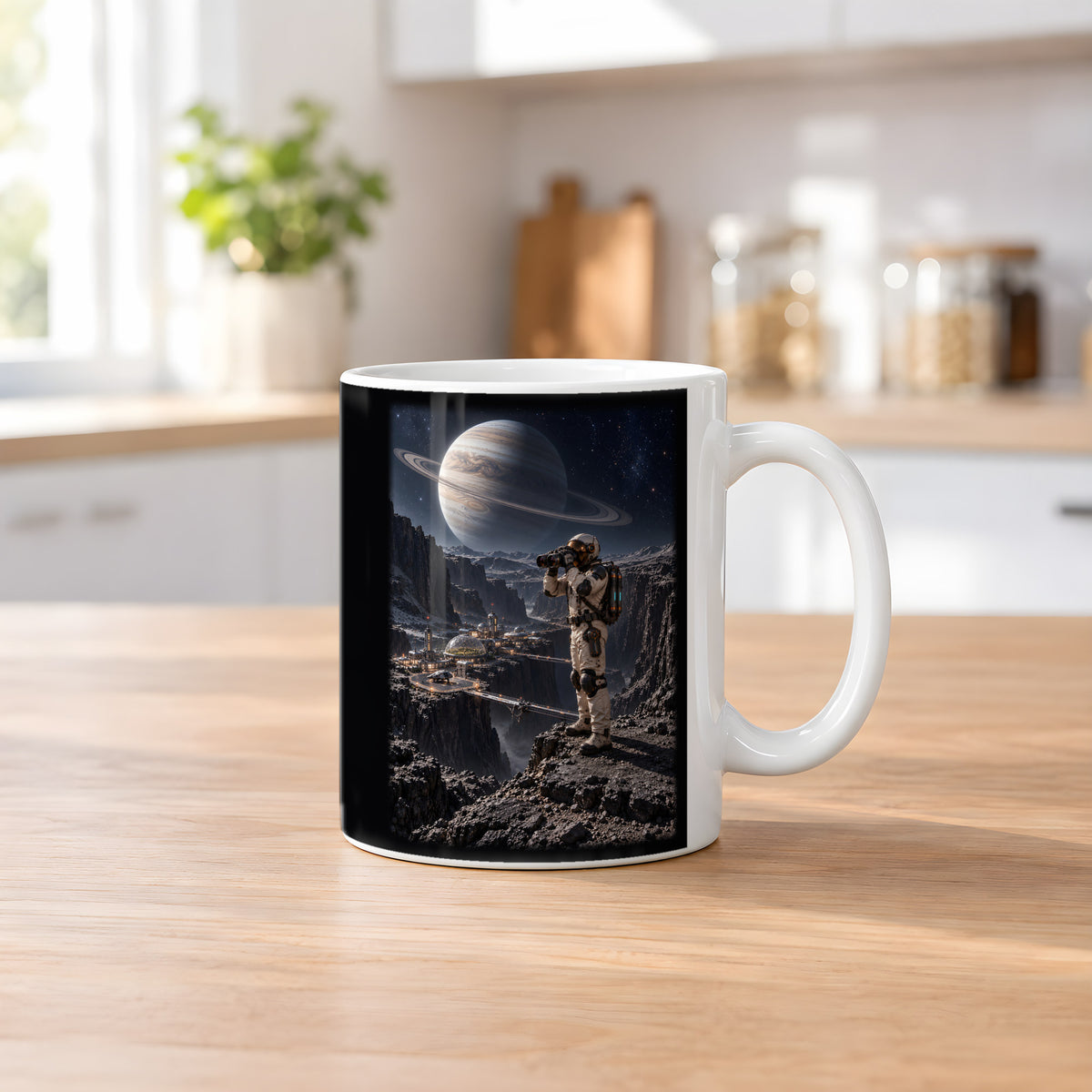 Die Canyonkolonie – Astronaut mit Fernglas über einer Canyonkolonie unter einem Ringplaneten, Tasse Weiß, auf einem Küchentresen