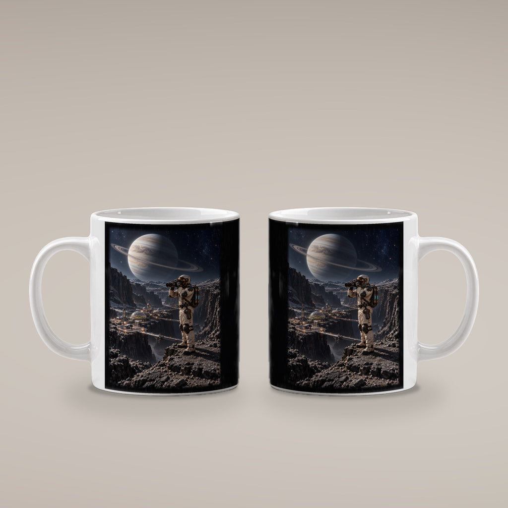 Die Canyonkolonie – Astronaut mit Fernglas über einer Canyonkolonie unter einem Ringplaneten, Tasse Weiß, beide bedruckten Seiten
