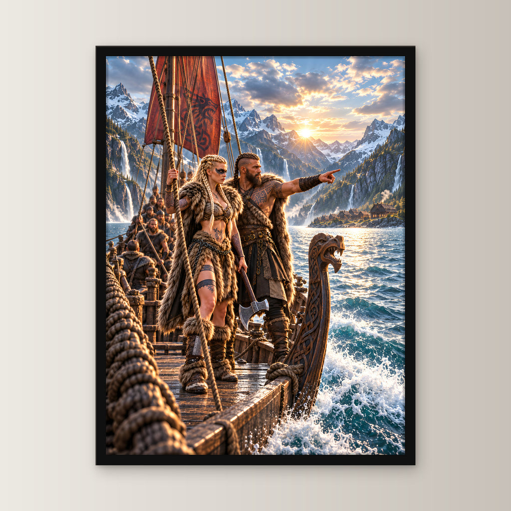 Die Fjordfahrer – Wikingerpaar auf einem Langschiff im Fjord, im schwarzen Holzrahmen, gerade von vorn an heller Wand