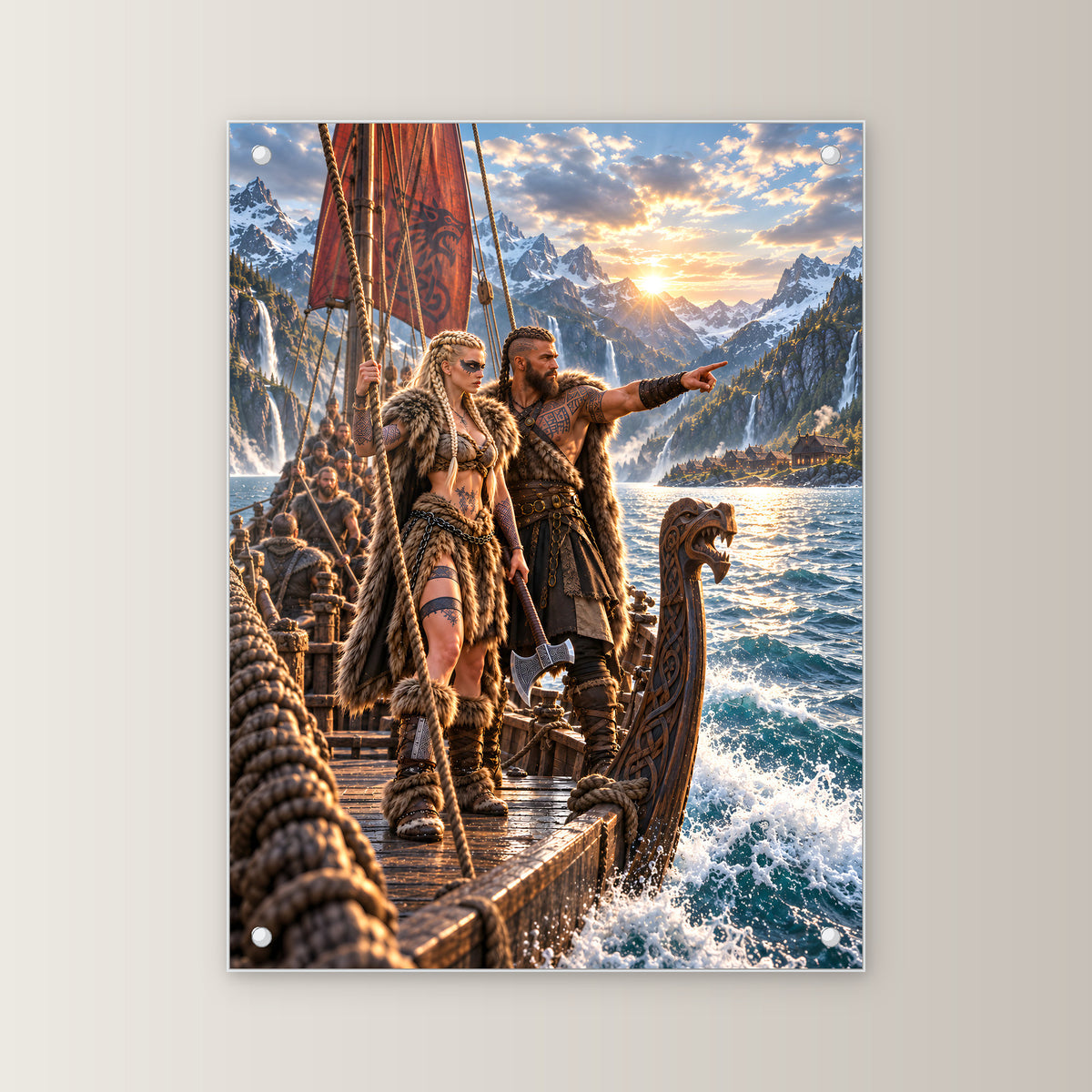 Die Fjordfahrer – Wikingerpaar auf einem Langschiff im Fjord, auf Acrylglas mit vier Abstandshaltern, gerade von vorn an heller Wand