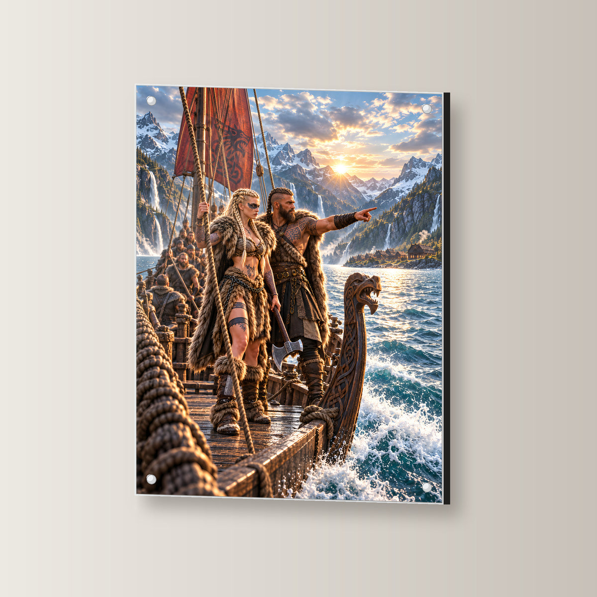 Die Fjordfahrer – Wikingerpaar auf einem Langschiff im Fjord, auf Acrylglas mit vier Abstandshaltern, leicht gedreht an der Wand