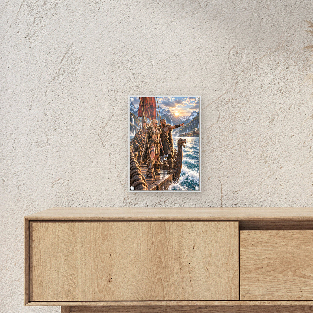 Die Fjordfahrer – Wikingerpaar auf einem Langschiff im Fjord, auf Acrylglas mit vier Abstandshaltern, über einem Sideboard, zeigt die Größe im Raum