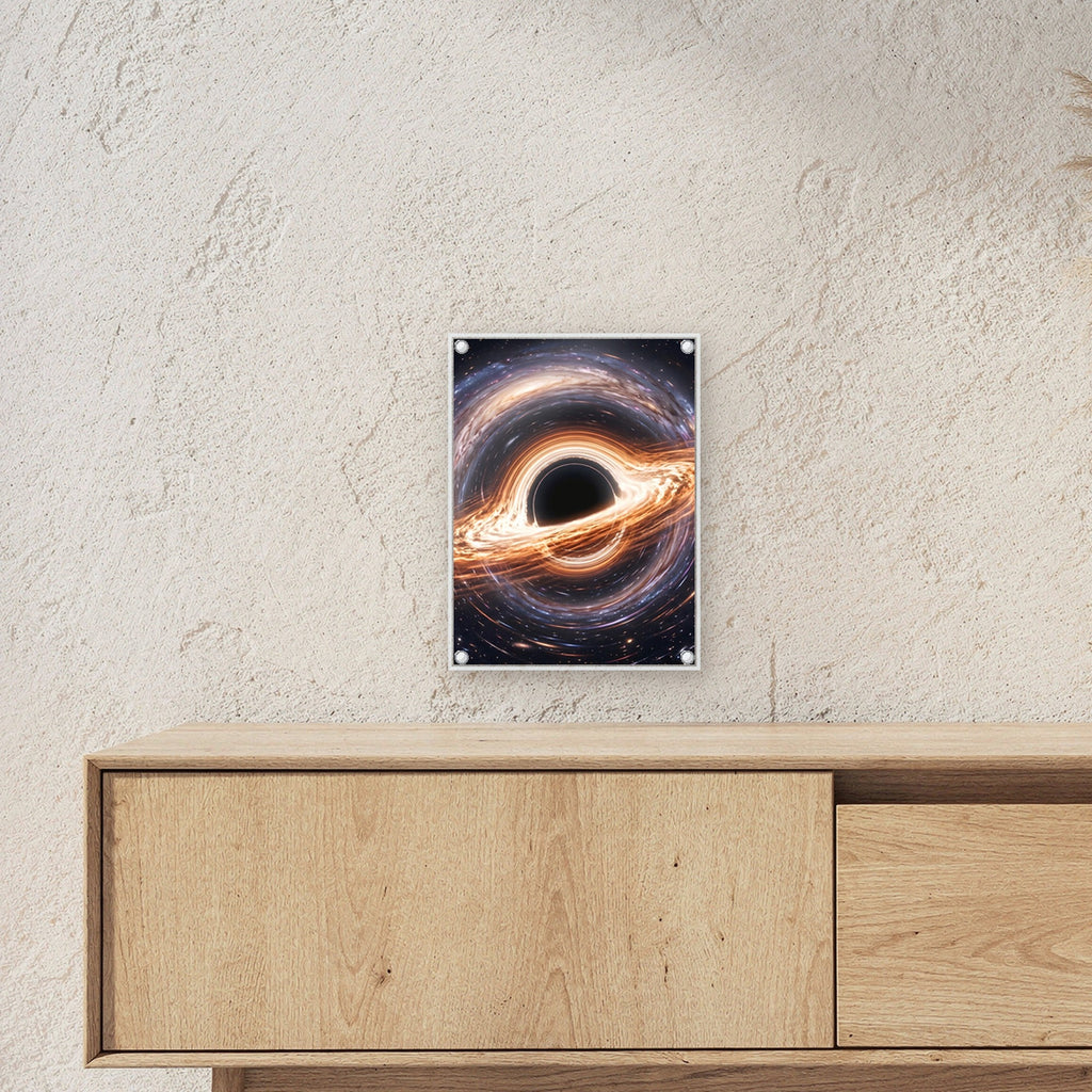 Ereignishorizont – Schwarzes Loch mit leuchtender Akkretionsscheibe, auf Acrylglas mit Abstandshaltern, über einem Sideboard