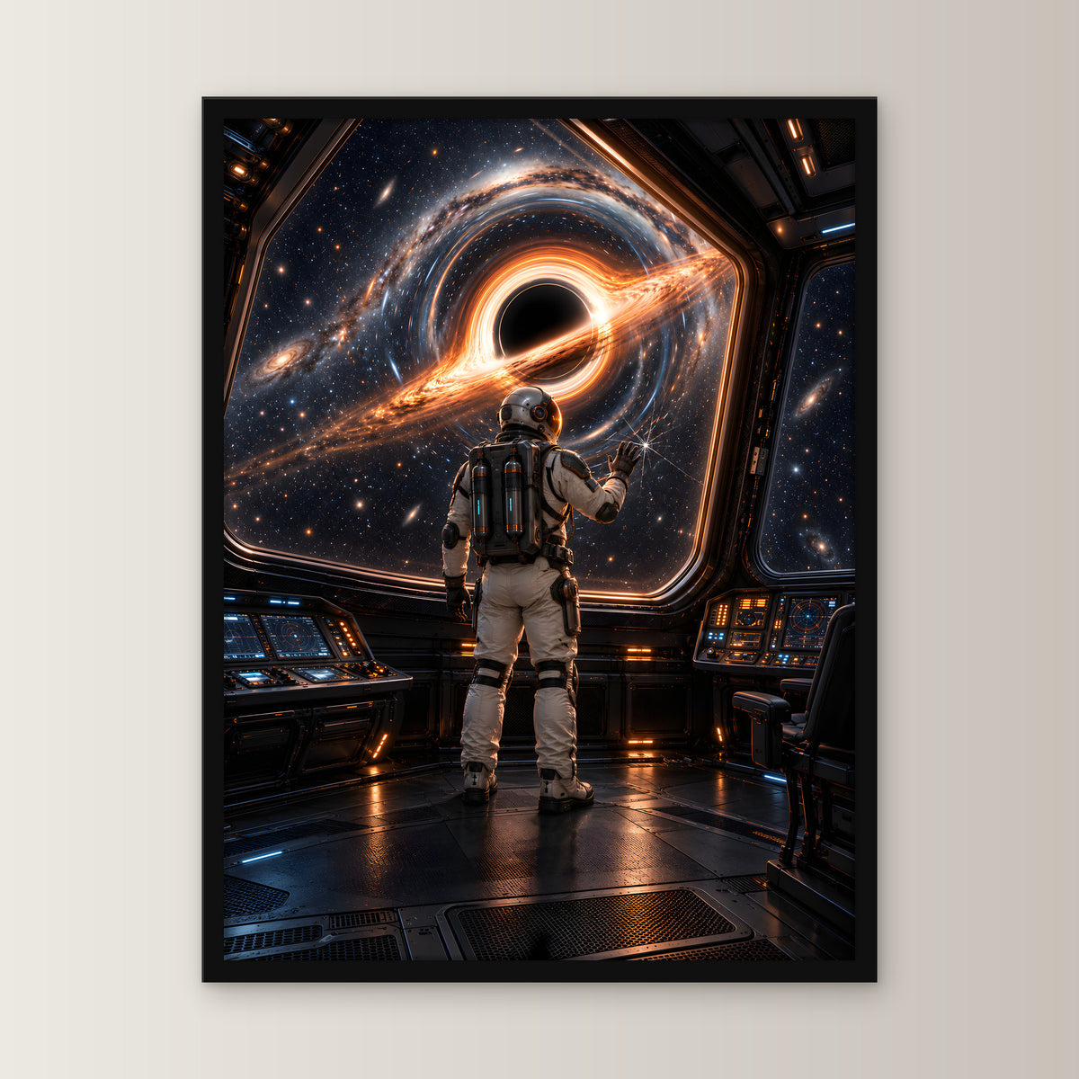 Der erste Riss – Astronaut vor gesplittertem Glas und einem schwarzen Loch, im schwarzen Holzrahmen, gerade von vorn an heller Wand