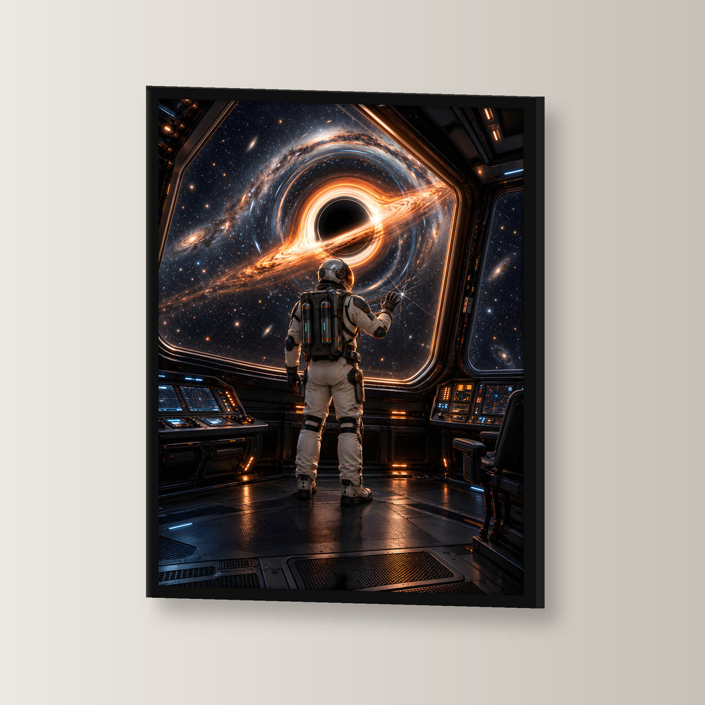 Der erste Riss – Astronaut vor gesplittertem Glas und einem schwarzen Loch, im schwarzen Holzrahmen, leicht gedreht an der Wand