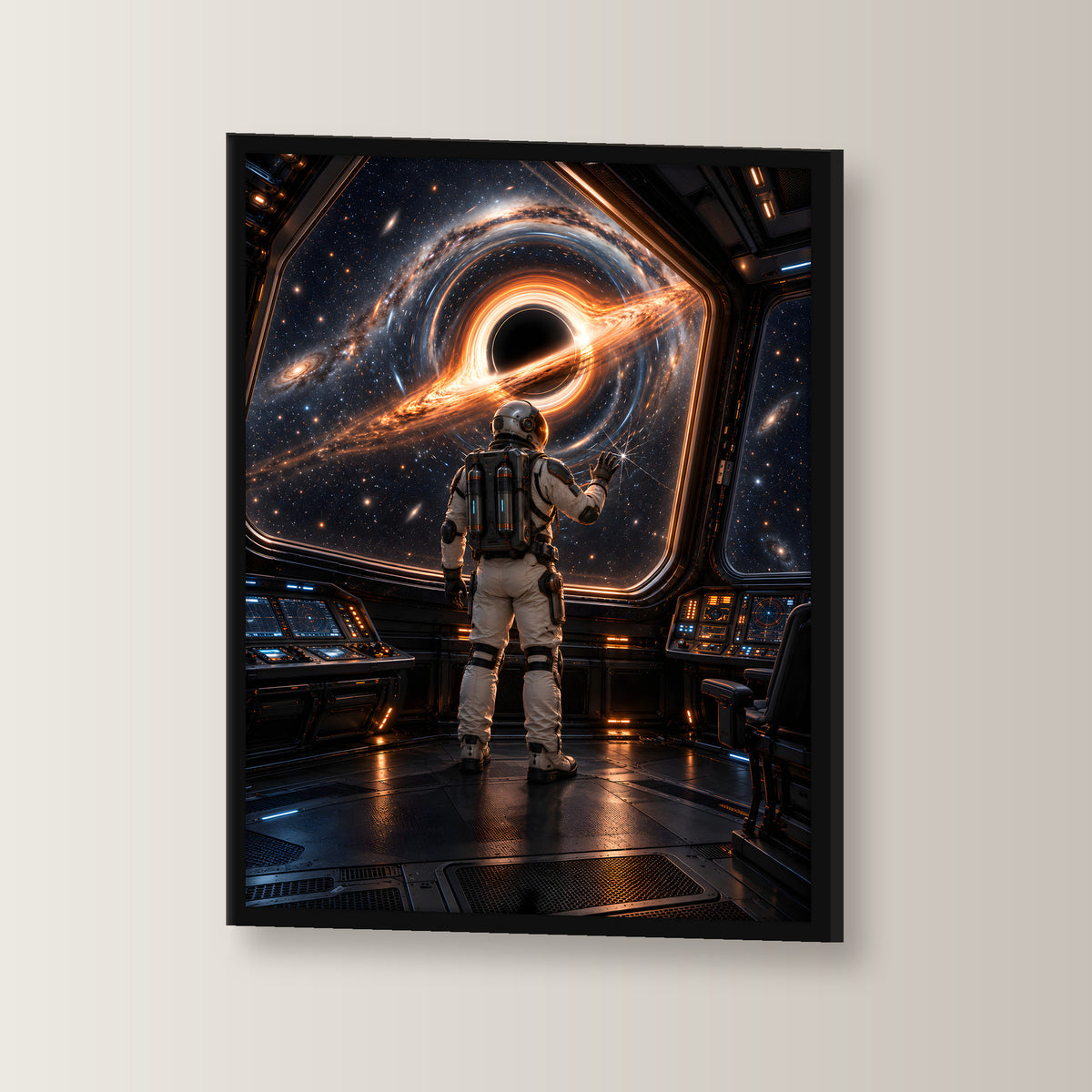Der erste Riss – Astronaut vor gesplittertem Glas und einem schwarzen Loch, im schwarzen Holzrahmen, leicht gedreht an der Wand