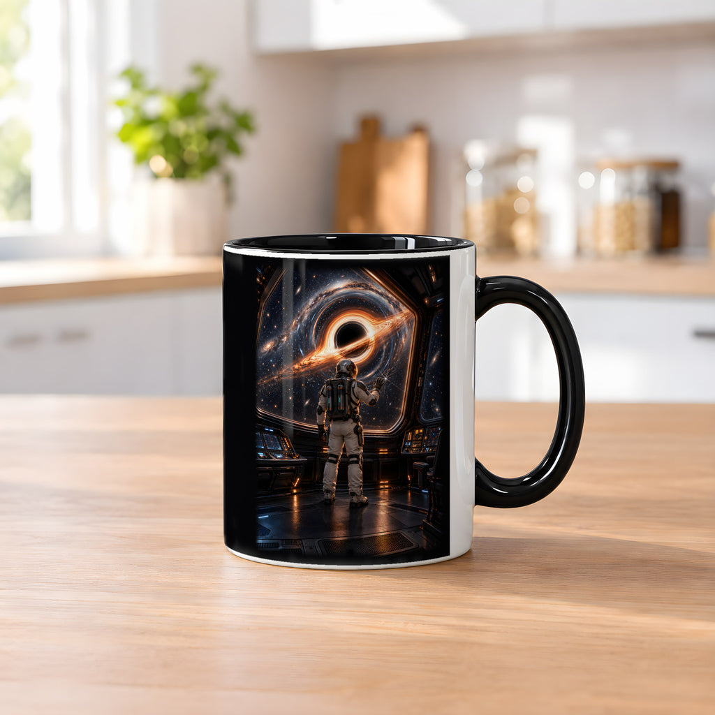 Der erste Riss – Astronaut vor gesplittertem Glas und einem schwarzen Loch, Tasse Innen schwarz, auf einem Küchentresen