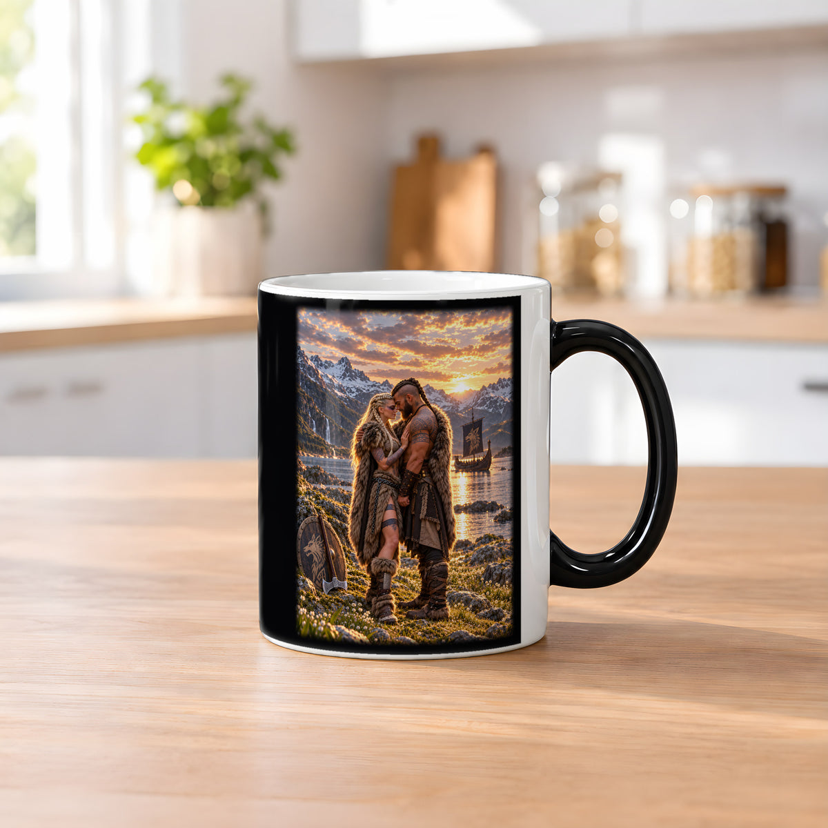 Der Fjordbund – Umarmung eines Wikingerpaars am Fjord im Abendlicht, Black Edition (Zaubertasse), auf einem Küchentresen