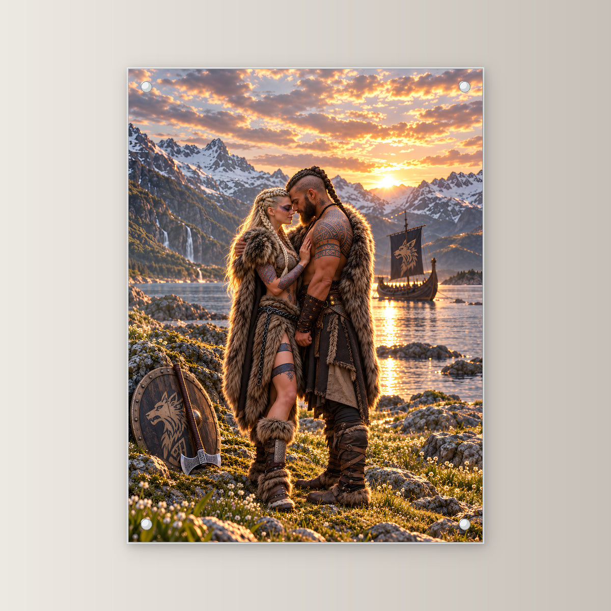 Der Fjordbund – Umarmung eines Wikingerpaars am Fjord im Abendlicht, auf Acrylglas mit vier Abstandshaltern, gerade von vorn an heller Wand